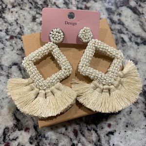 Off white beaded fringe earrings- New